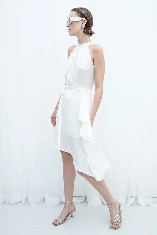 Bayan Ekru Asimetrik Etek Ucu Detaylı Saten Elbise - BSL