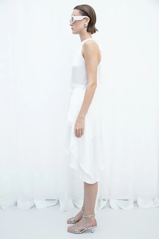 Bayan Ekru Asimetrik Etek Ucu Detaylı Saten Elbise - BSL