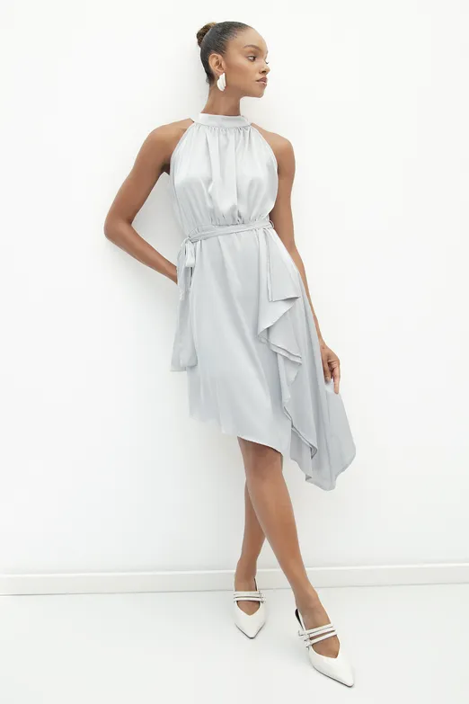 Bayan Gri Asimetrik Etek Ucu Detaylı Saten Elbise - BSL