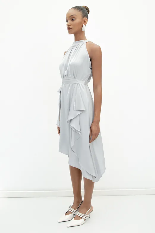 Bayan Gri Asimetrik Etek Ucu Detaylı Saten Elbise - BSL