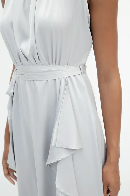 Bayan Gri Asimetrik Etek Ucu Detaylı Saten Elbise - BSL