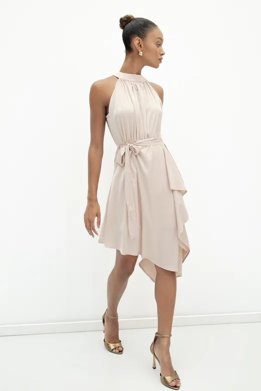 Bayan Pudra Asimetrik Etek Ucu Detaylı Saten Elbise - BSL