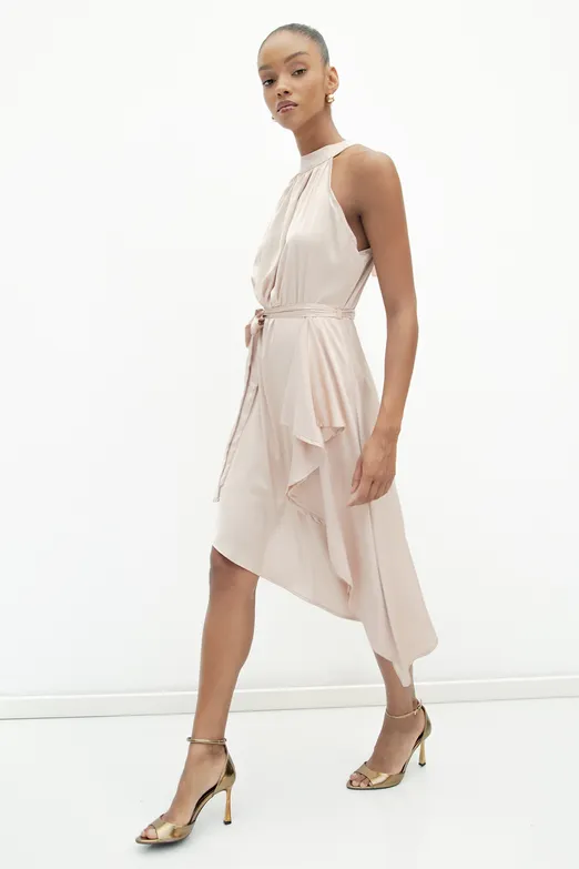 Bayan Pudra Asimetrik Etek Ucu Detaylı Saten Elbise - BSL