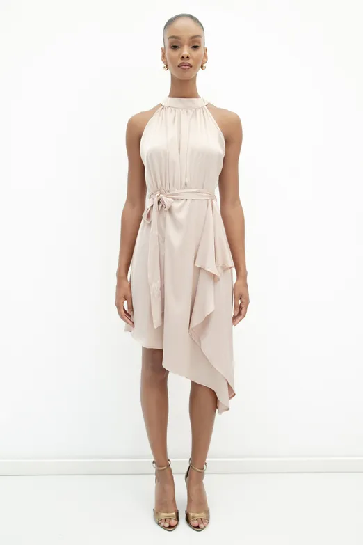 Bayan Pudra Asimetrik Etek Ucu Detaylı Saten Elbise - BSL