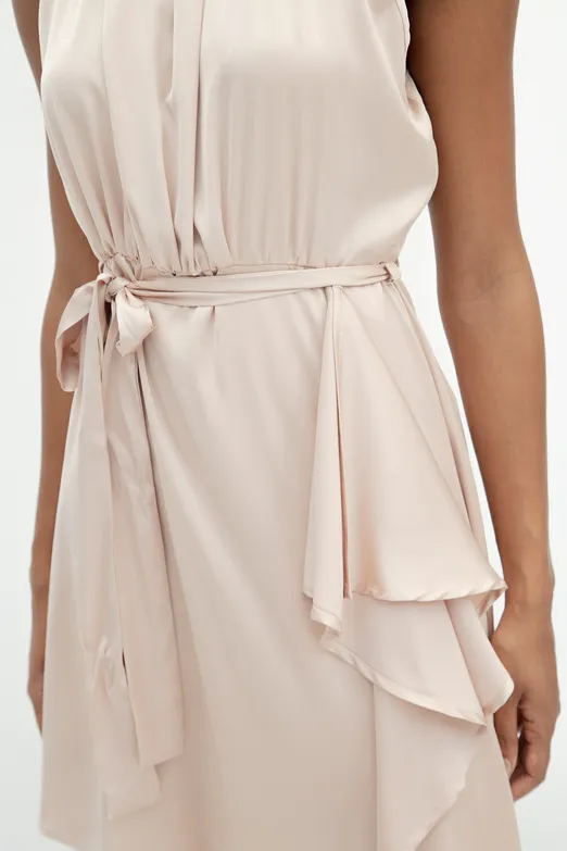 Bayan Pudra Asimetrik Etek Ucu Detaylı Saten Elbise - BSL