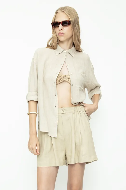 Bayan Bej Keten Pileli Şort - BSL