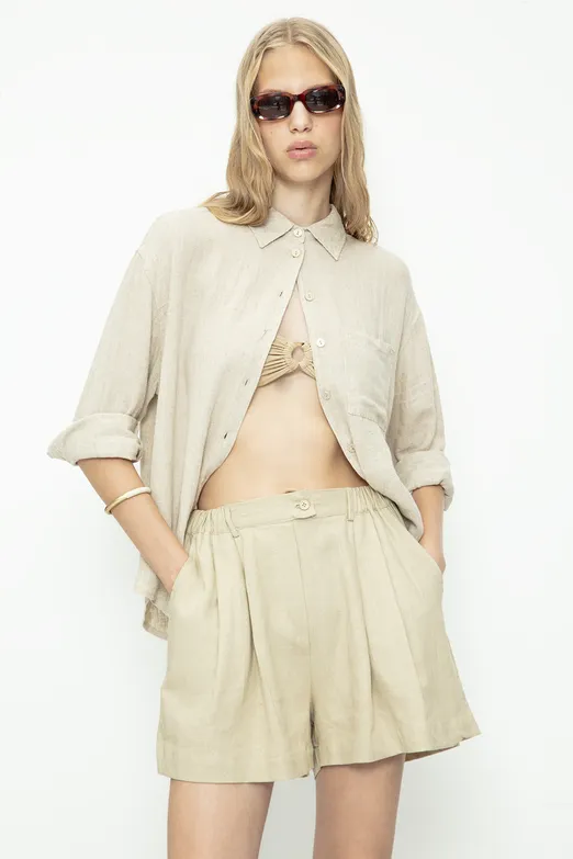 Bayan Bej Keten Pileli Şort - BSL