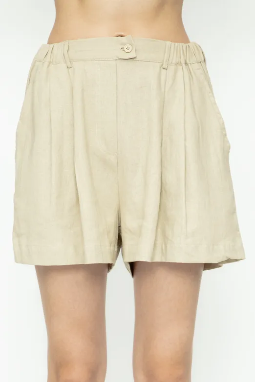 Bayan Bej Keten Pileli Şort - BSL