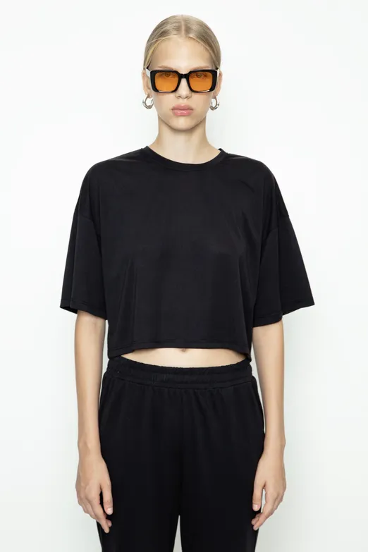 Bayan Siyah Modal Basic Crop Tshirt - BSL