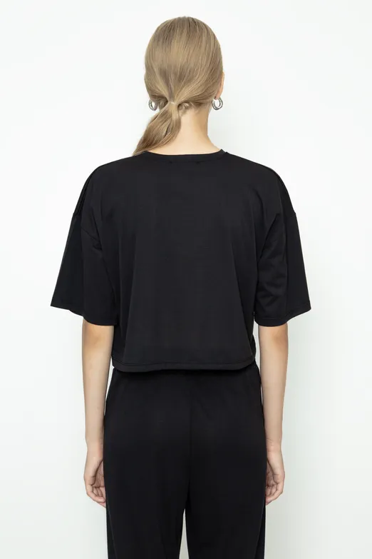 Bayan Siyah Modal Basic Crop Tshirt - BSL