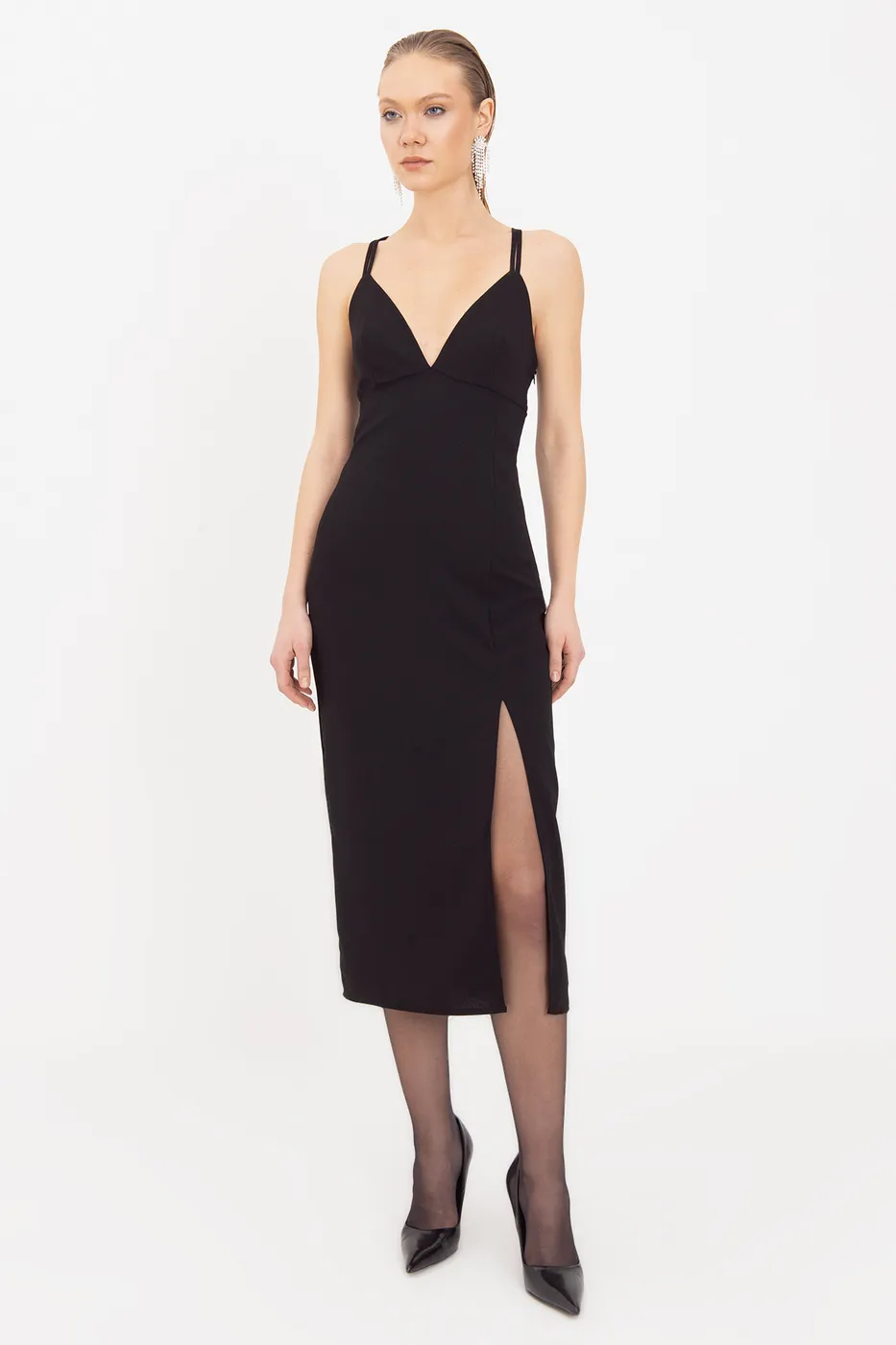 Bayan Siyah Askılı Midi Elbise