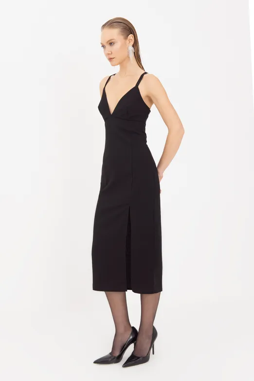 Bayan Siyah Askılı Midi Elbise - BSL