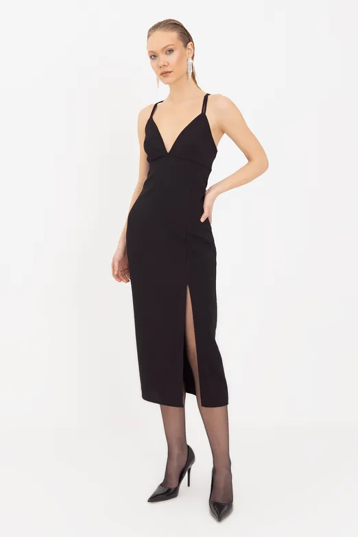 Bayan Siyah Askılı Midi Elbise - BSL
