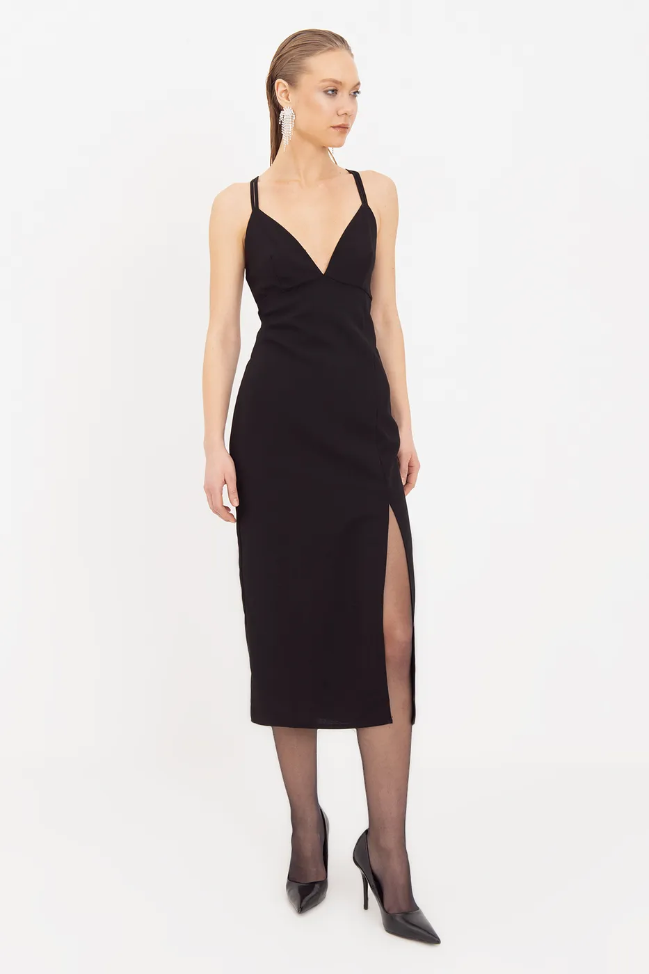 Bayan Siyah Askılı Midi Elbise