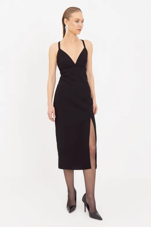 Bayan Siyah Askılı Midi Elbise - BSL