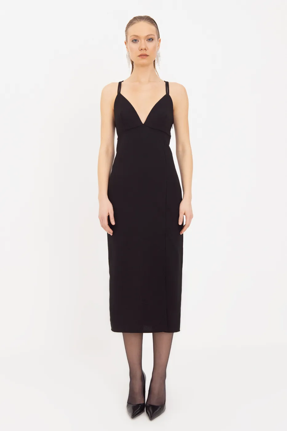 Bayan Siyah Askılı Midi Elbise