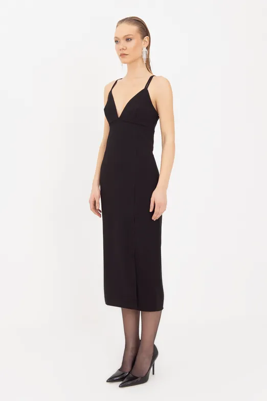 Bayan Siyah Askılı Midi Elbise - BSL