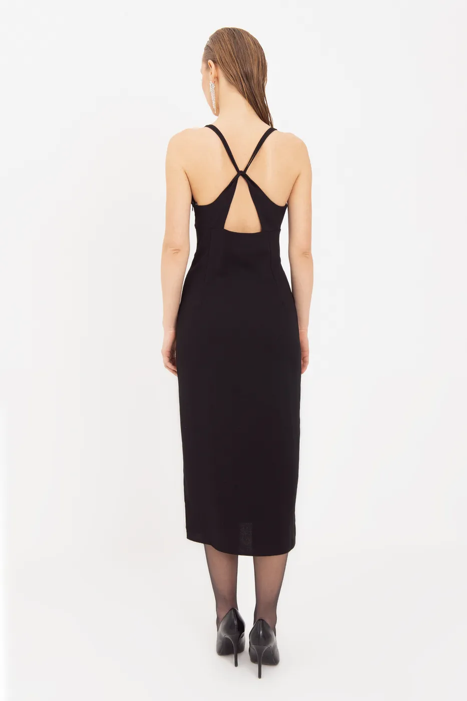 Bayan Siyah Askılı Midi Elbise