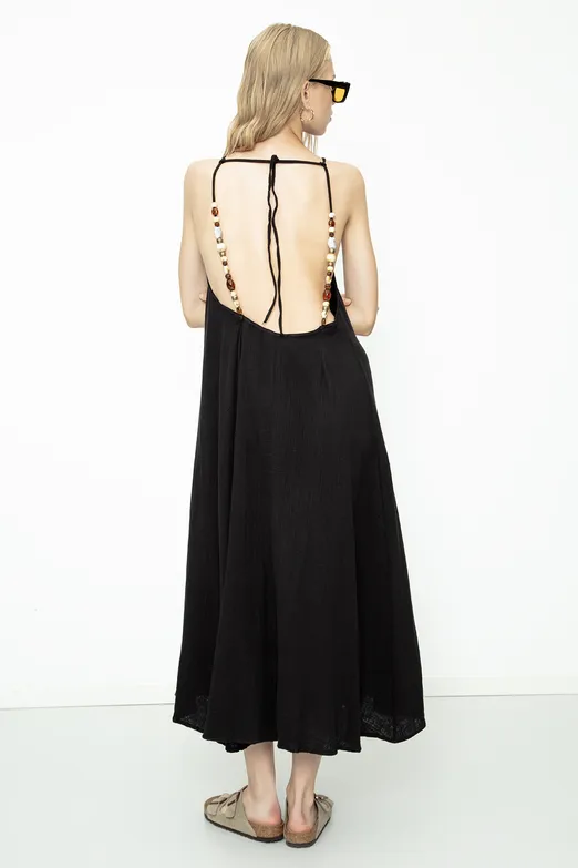 Bayan Siyah % 100 Cotton Boncuklu Maksi Elbise - BSL