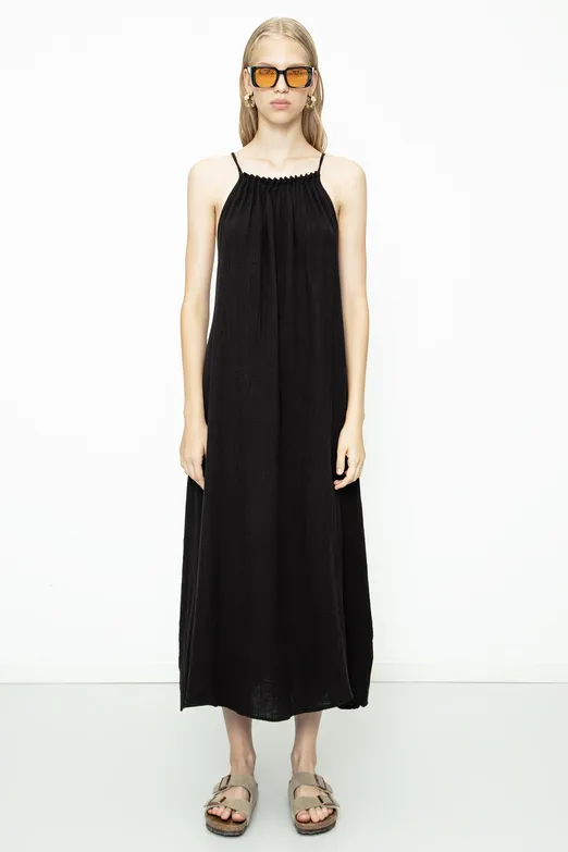 Bayan Siyah % 100 Cotton Boncuklu Maksi Elbise - BSL