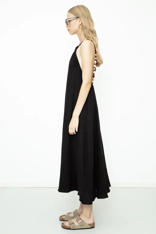 Bayan Siyah % 100 Cotton Boncuklu Maksi Elbise - BSL
