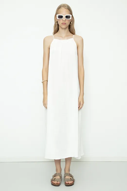 Bayan Beyaz % 100 Cotton Boncuklu Maksi Elbise - BSL