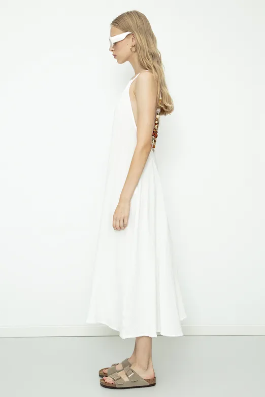 Bayan Beyaz % 100 Cotton Boncuklu Maksi Elbise - BSL