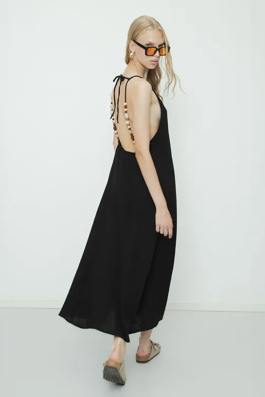 Bayan Siyah % 100 Cotton Boncuklu Maksi Elbise - BSL