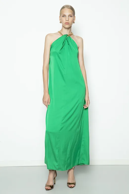Bayan Yeşil Zincir Detaylı Saten Maksi Elbise - BSL