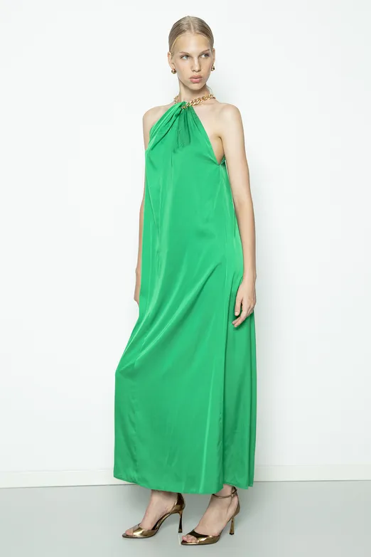 Bayan Yeşil Zincir Detaylı Saten Maksi Elbise - BSL