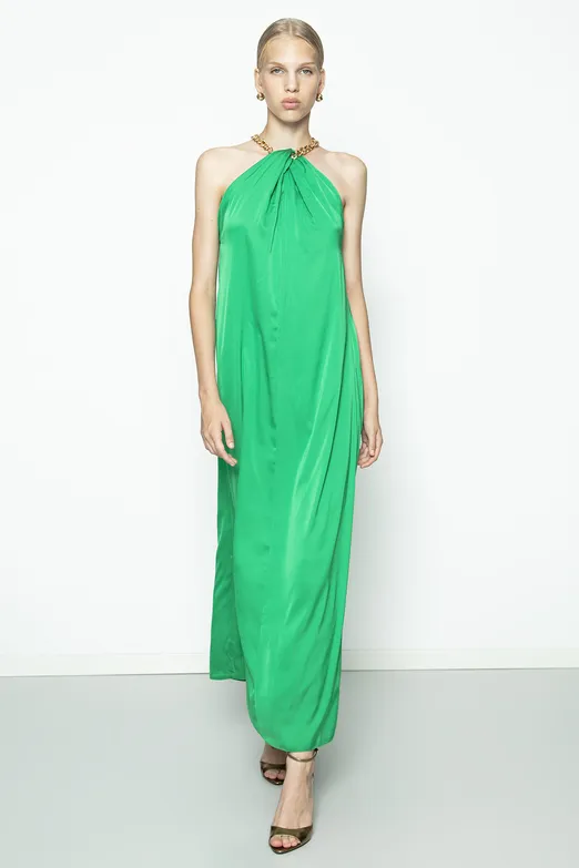 Bayan Yeşil Zincir Detaylı Saten Maksi Elbise - BSL