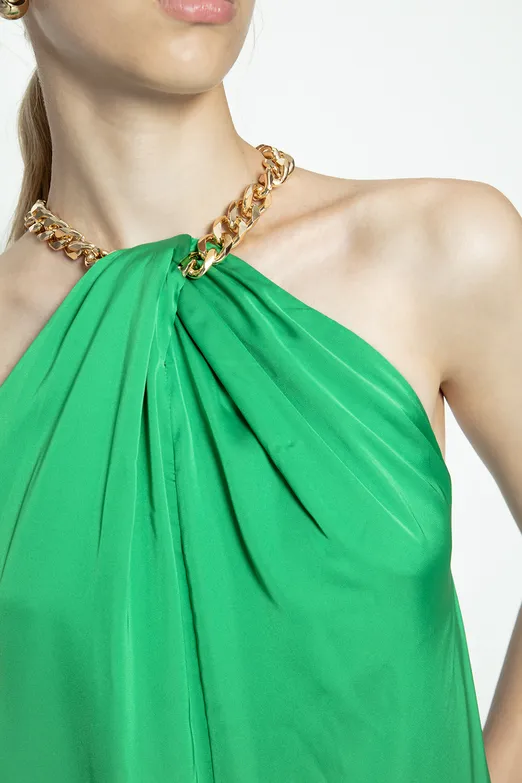 Bayan Yeşil Zincir Detaylı Saten Maksi Elbise - BSL