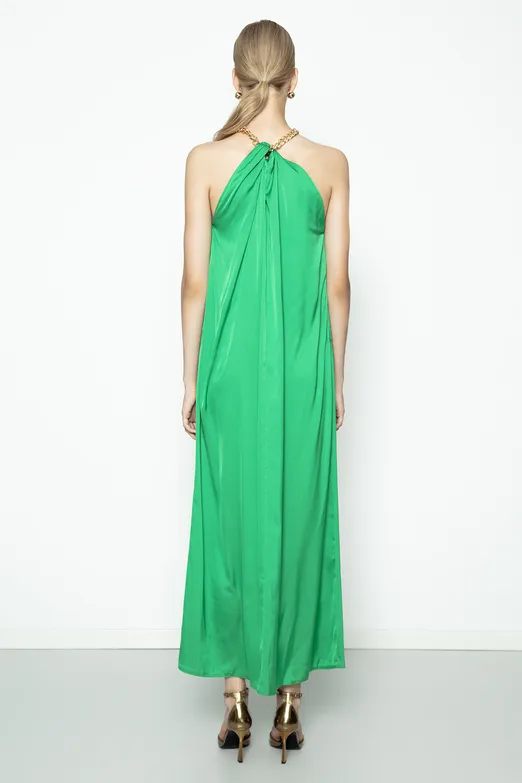 Bayan Yeşil Zincir Detaylı Saten Maksi Elbise - BSL