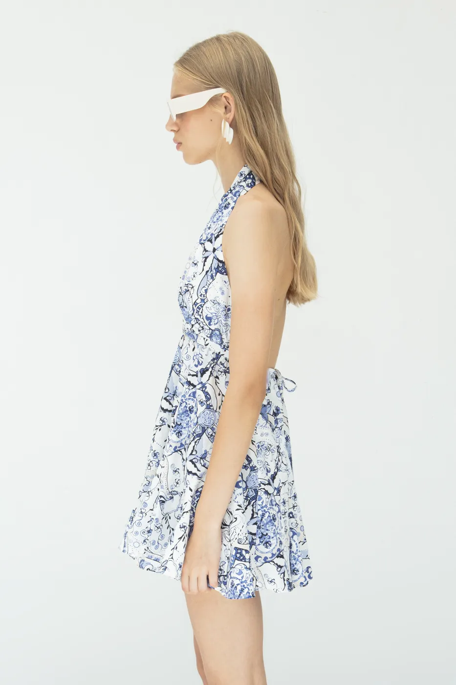 Bayan Mavi %100 Cotton Volanlı  Etek  Detaylı  Mini  Elbise