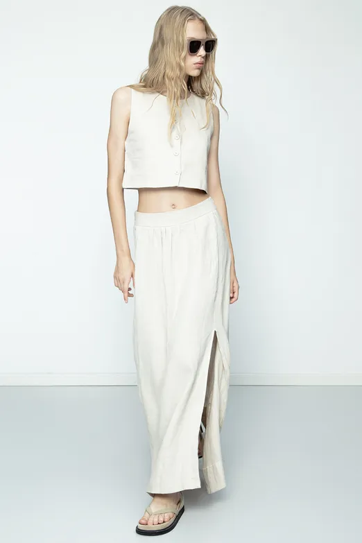 Bayan Bej Keten Midi Etek - BSL