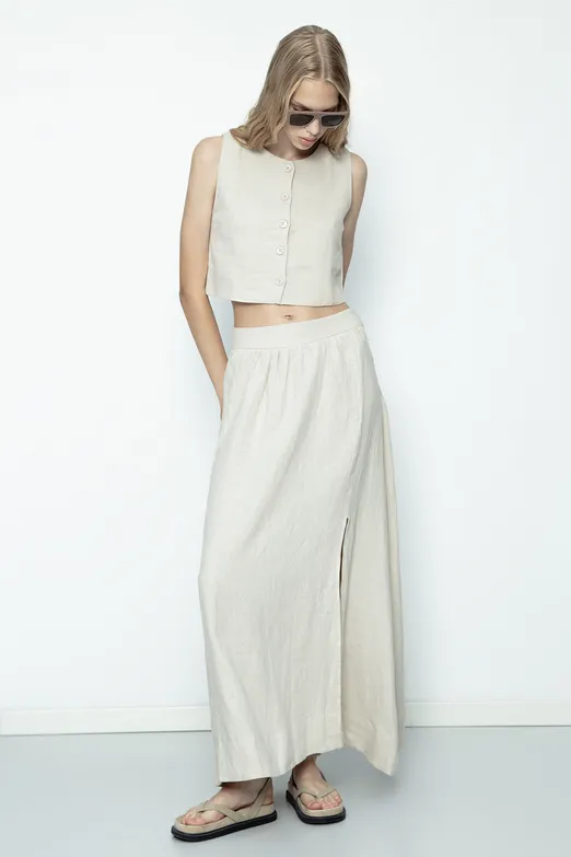 Bayan Bej Keten Midi Etek - BSL