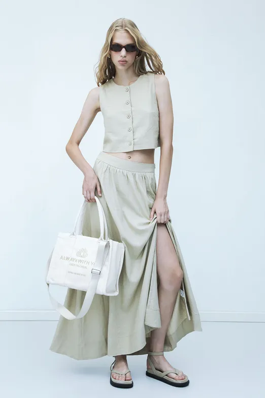 Bayan Bej Keten Karışım  Midi Etek - BSL