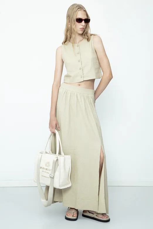 Bayan Bej Keten Karışım  Midi Etek - BSL