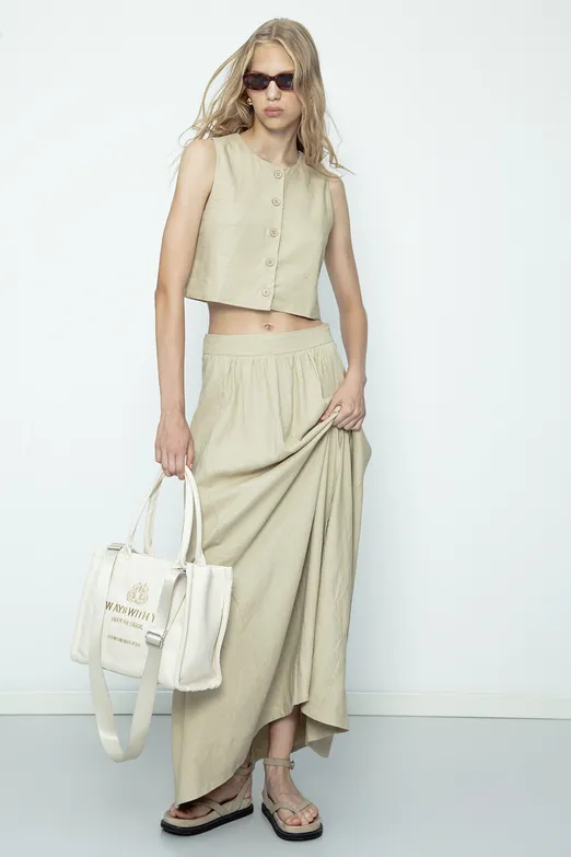 Bayan Bej Keten Karışım  Midi Etek - BSL