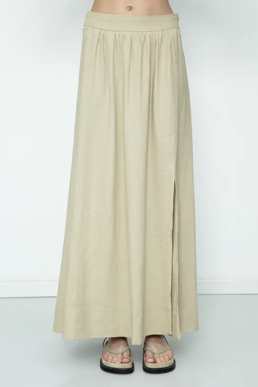 Bayan Bej Keten Karışım  Midi Etek - BSL