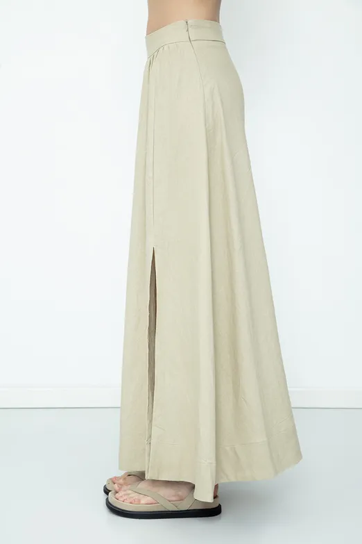 Bayan Bej Keten Karışım  Midi Etek - BSL