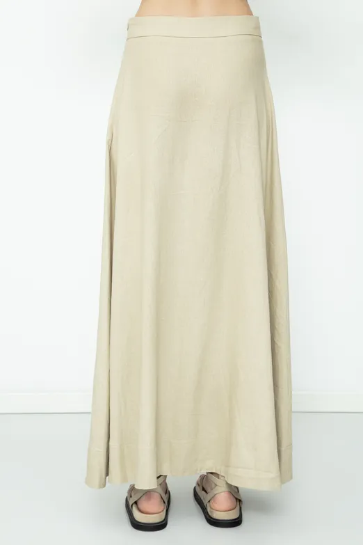 Bayan Bej Keten Karışım  Midi Etek - BSL