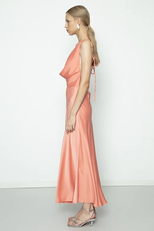 Bayan Somon Degaje Yakalı  Maksi Elbise - BSL