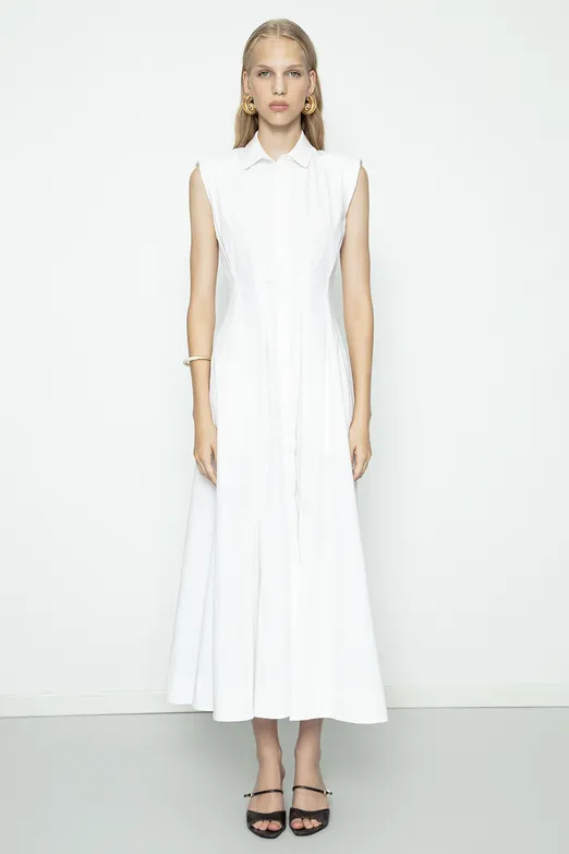 Bayan Beyaz Volanlı Midi Boy Gömlek Elbise - BSL