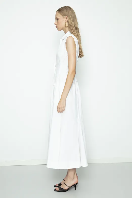 Bayan Beyaz Volanlı Midi Boy Gömlek Elbise - BSL