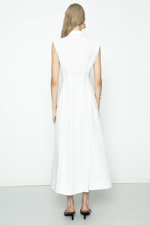 Bayan Beyaz Volanlı Midi Boy Gömlek Elbise - BSL