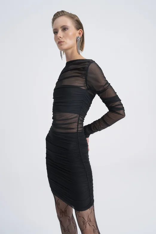 Bayan Siyah Transparan Drapeli Tül Mini Elbise - BSL