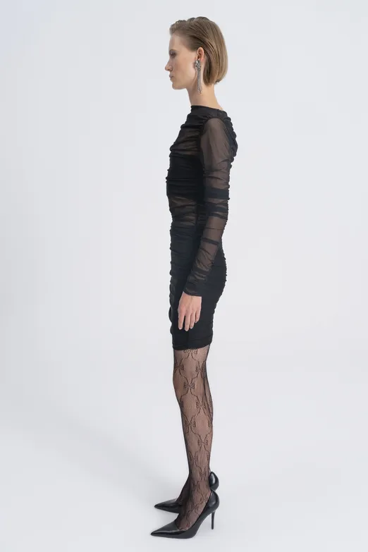 Bayan Siyah Transparan Drapeli Tül Mini Elbise - BSL