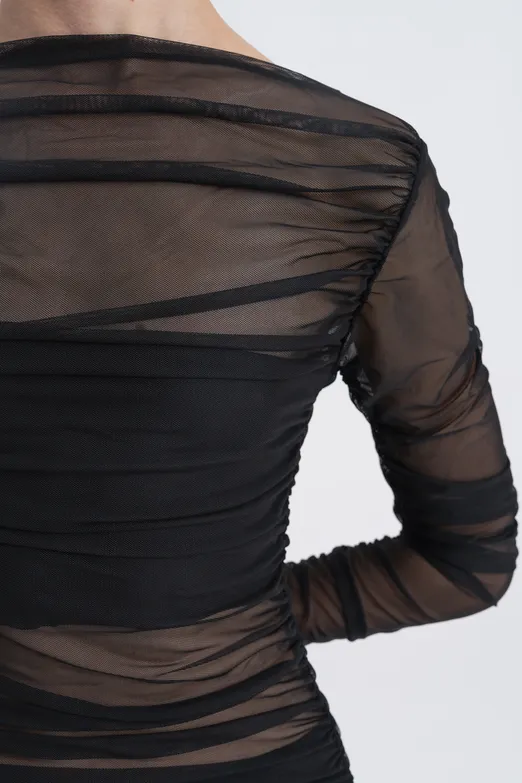 Bayan Siyah Transparan Drapeli Tül Mini Elbise - BSL