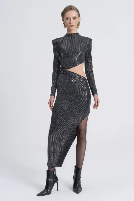 Bayan Gümüş Pulpayet Derin Yırtmaçlı Bel Dekolteli Midi Elbise - BSL